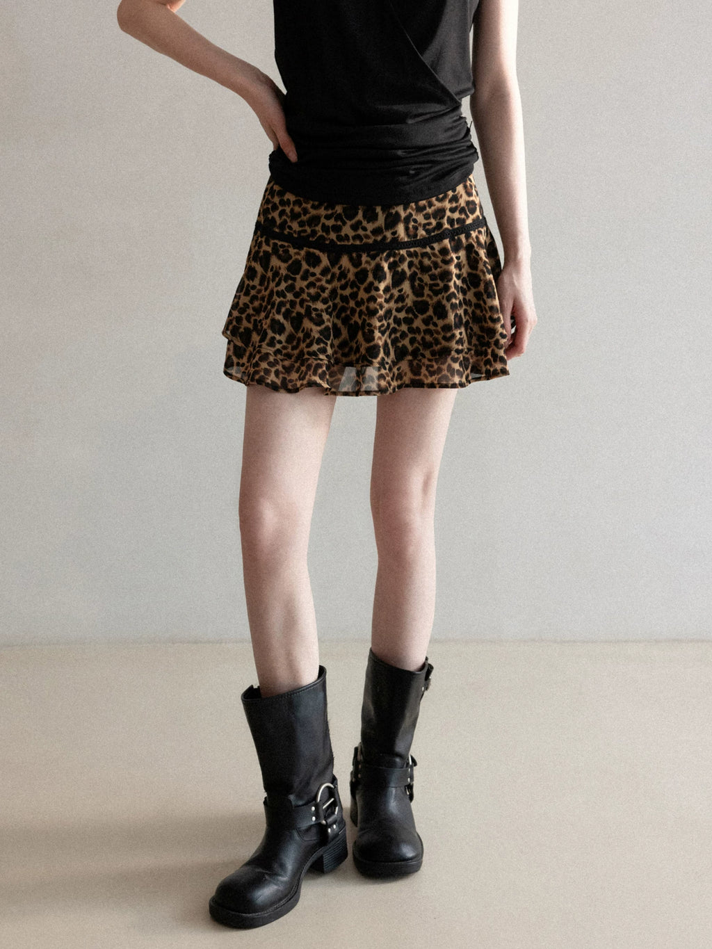 Cantonstory Lotus Leaf Edge Leopard Print High Waist Thin Skirt