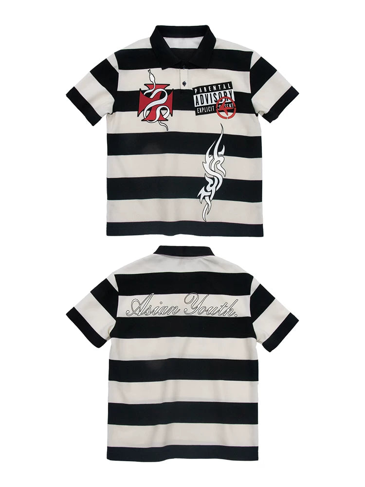 4AM Spoof Niche Print Striped Polo Shirt