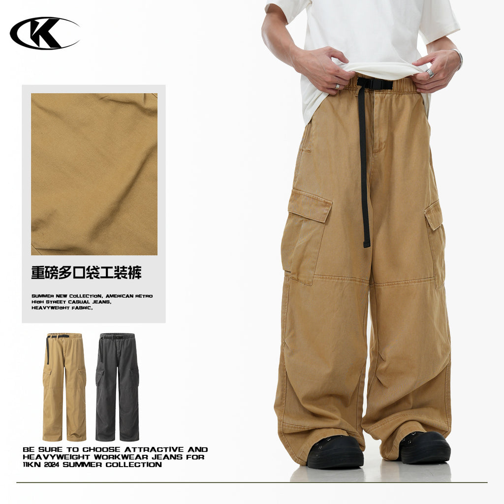 11KN multi-pocket Loose straight wide-leg pants