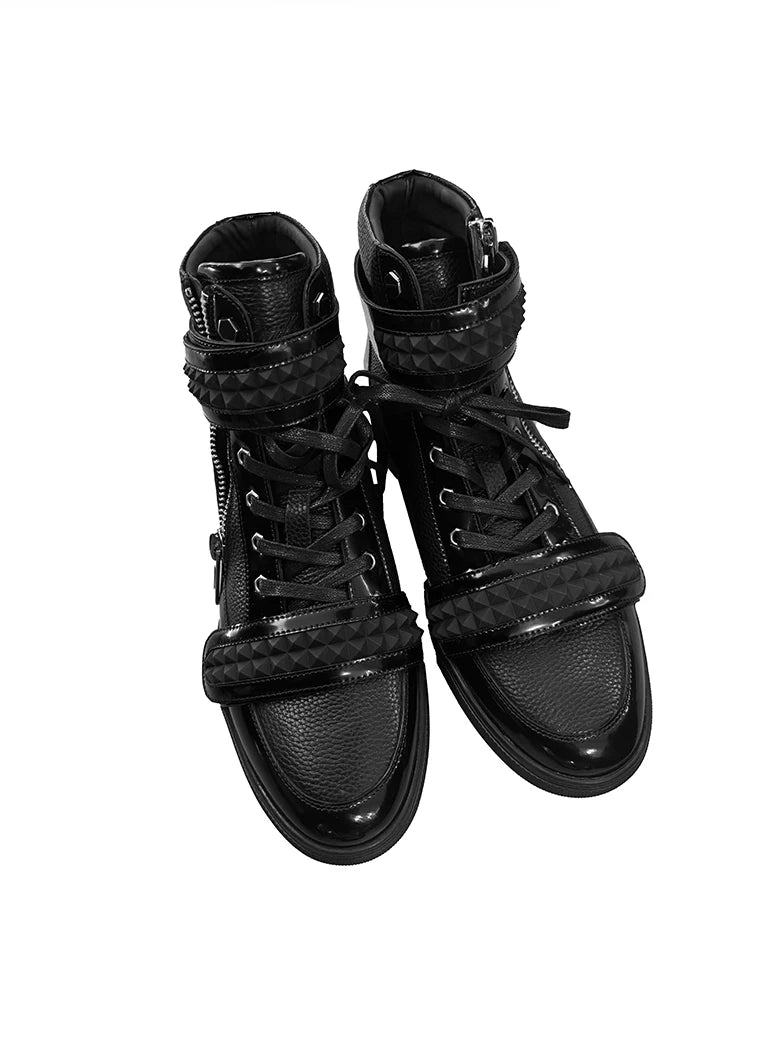 NoEmosen Velcro Patent Leather and Lychee Pattern High-top Board Shoes