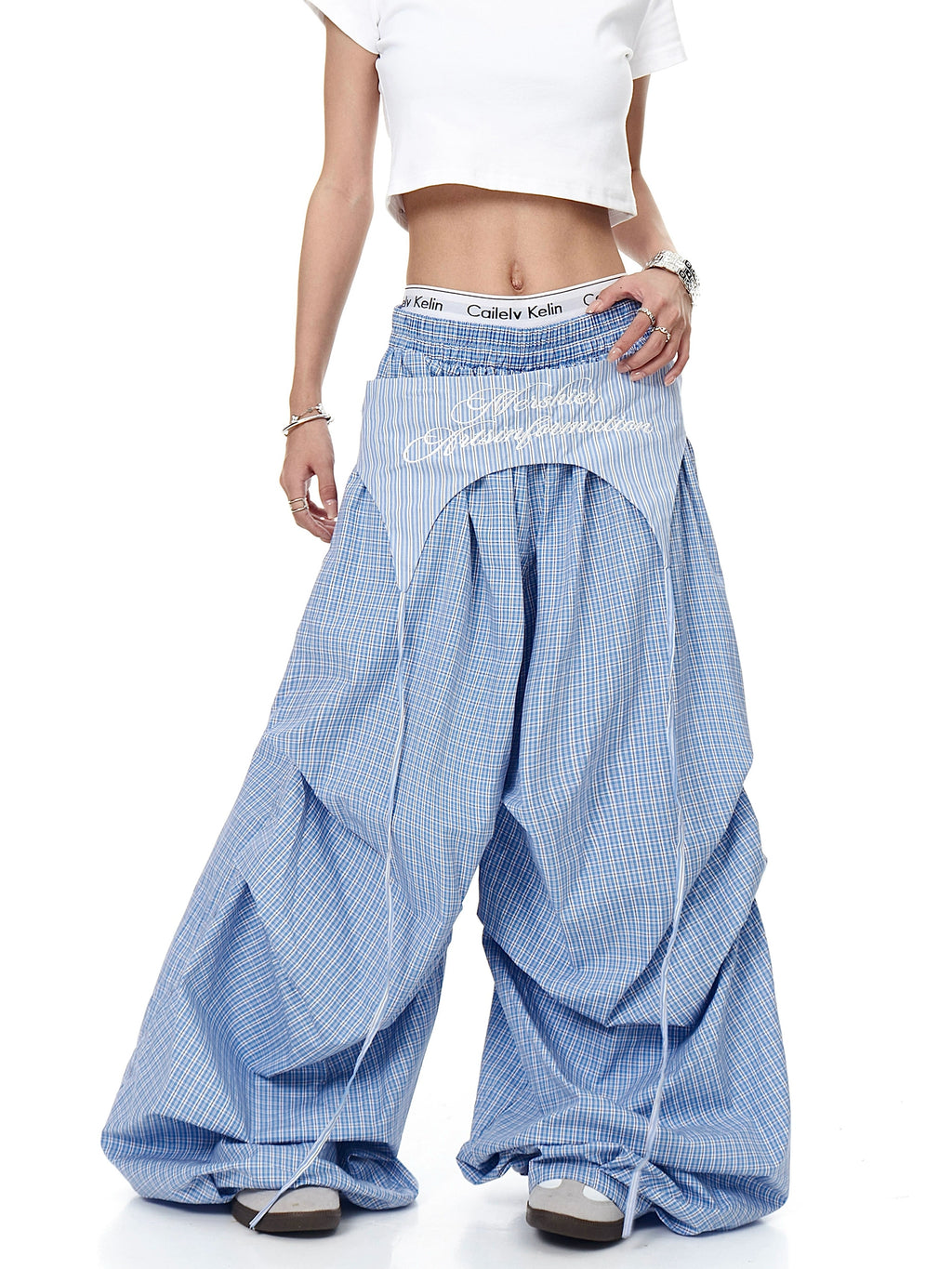 Mershier Retro Lazy Wind Fart Curtain Stacked Plaid Wide-leg Pants