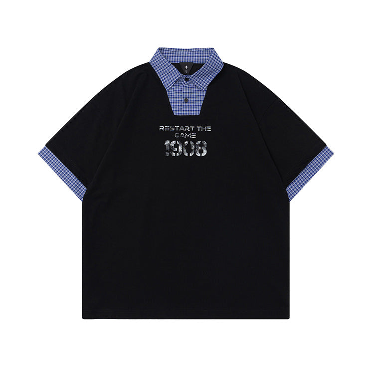 OVDY Retro Loose Contrasting Color Lapel Polo Shirt