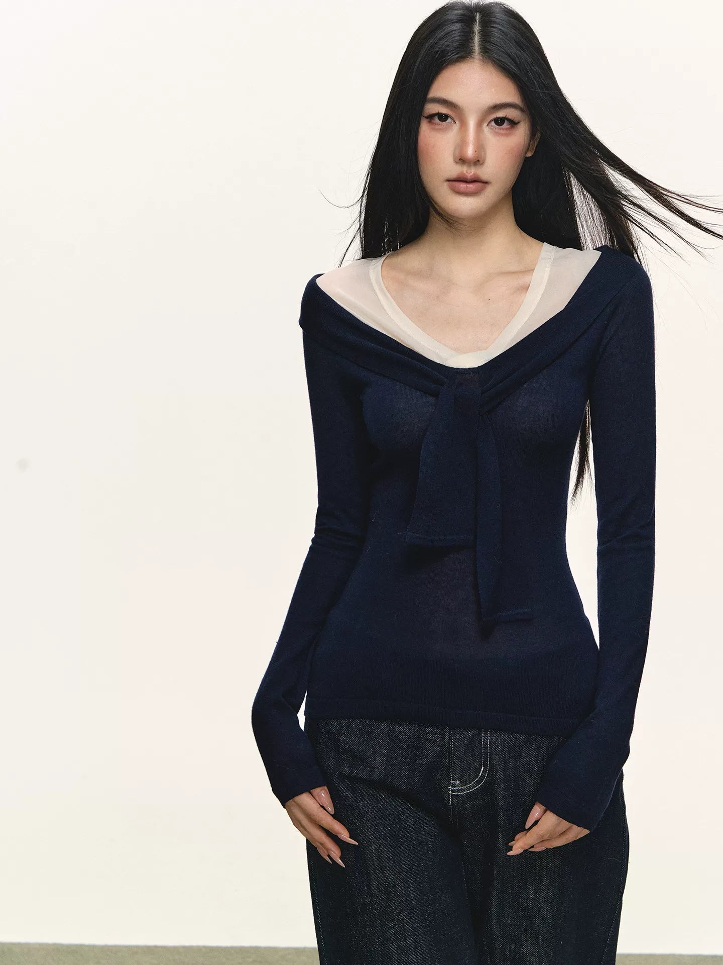Anna Aneae Fake Two-piece Bow Strap Long Sleeve