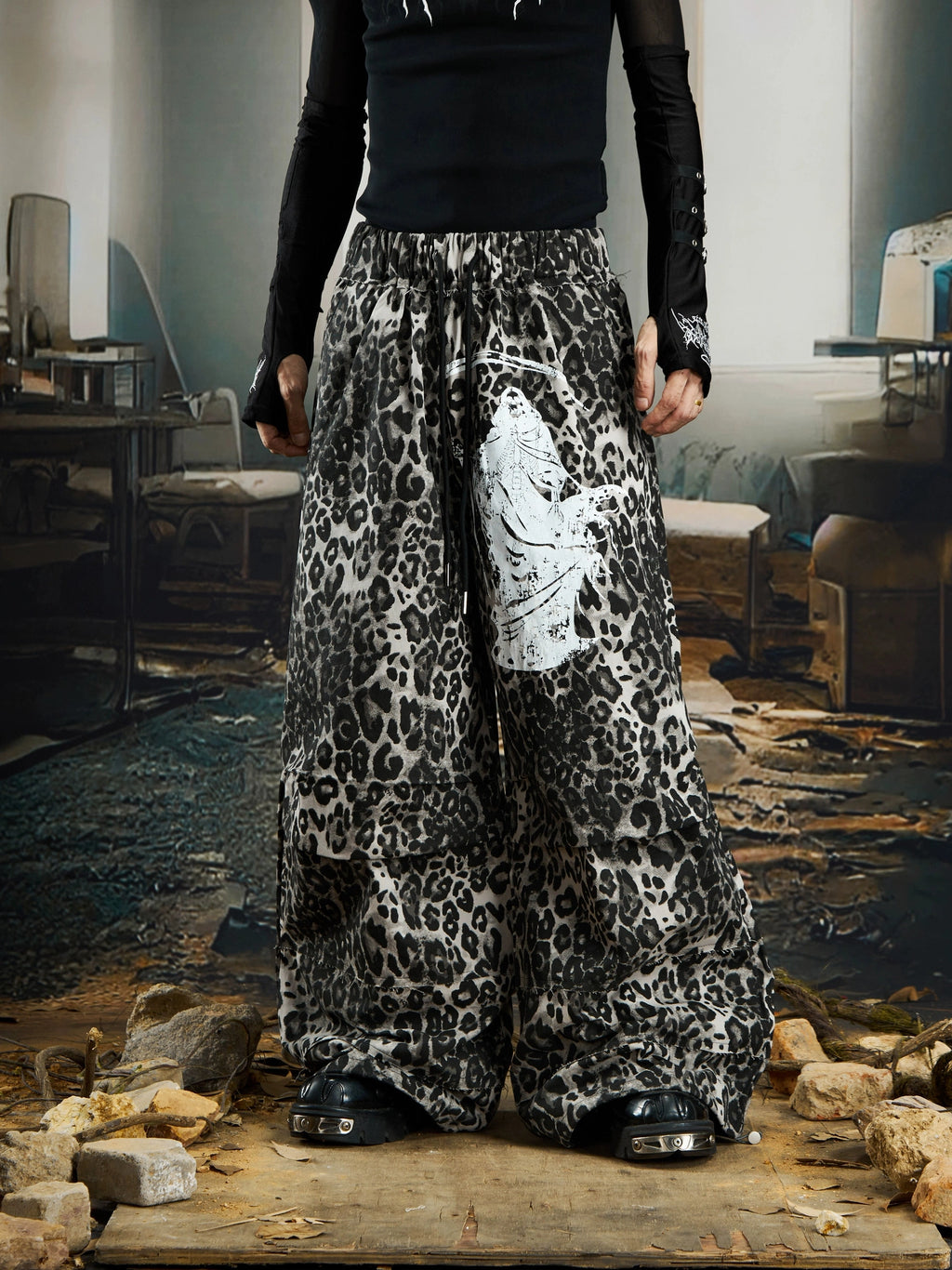 NOMANIAI Niche Leopard Print Loose-fitting Wide-leg Slacks