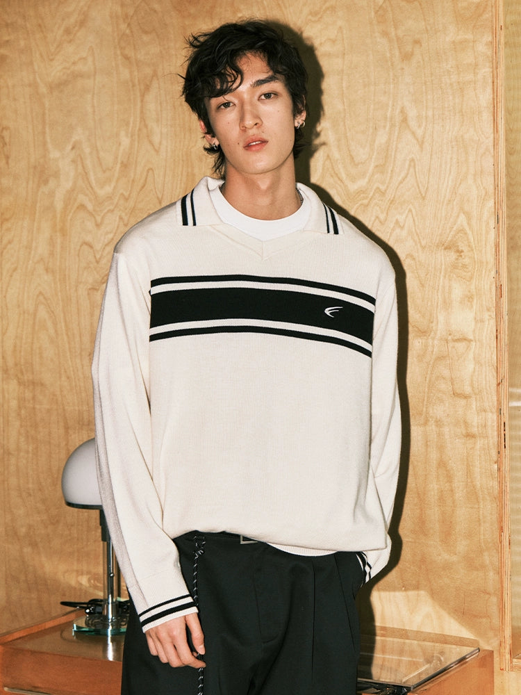 MATCHA STORY Striped Contrasting Polo Neck Loose Knitted Sweater