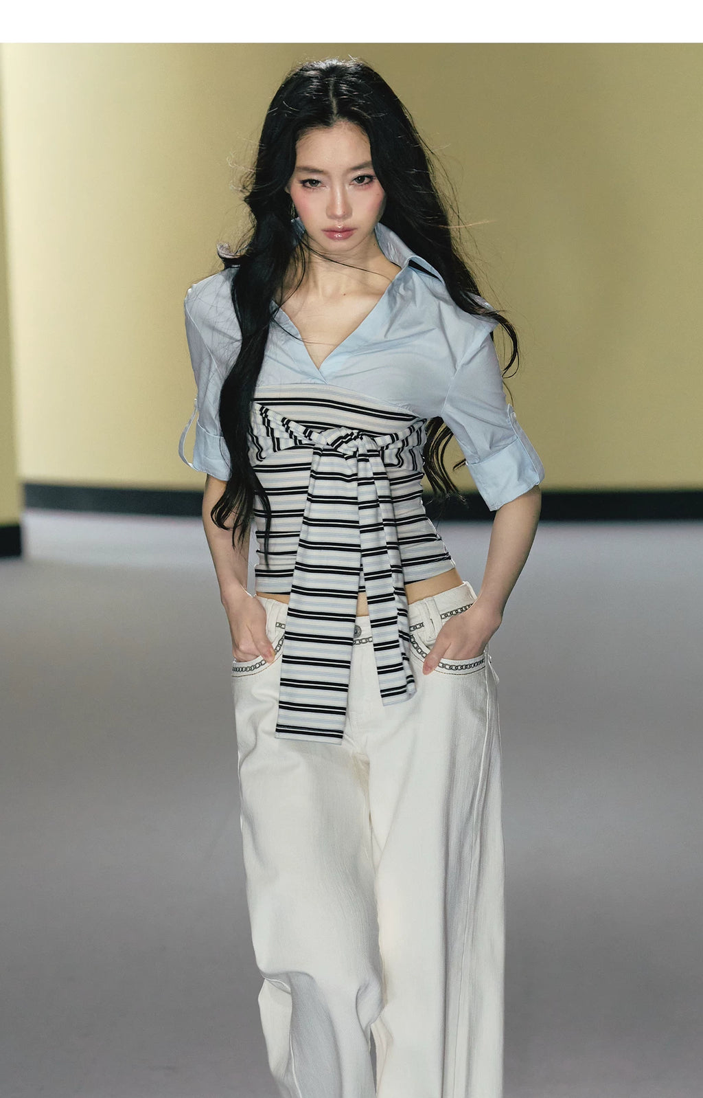 AGAM Fake Two-piece Stitched Striped Contrasting Strap Shirt