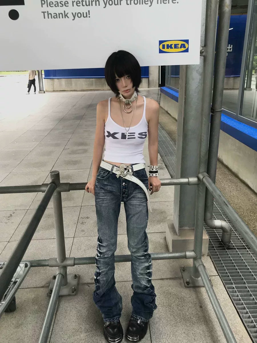 NoEmosen Retro Ripped Three-dimensional Cat Whisker Jeans
