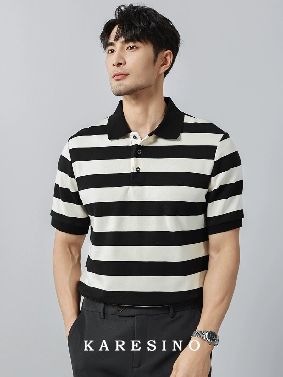 KARESINO Breathable Striped Lapel Knitted Polo Shirt