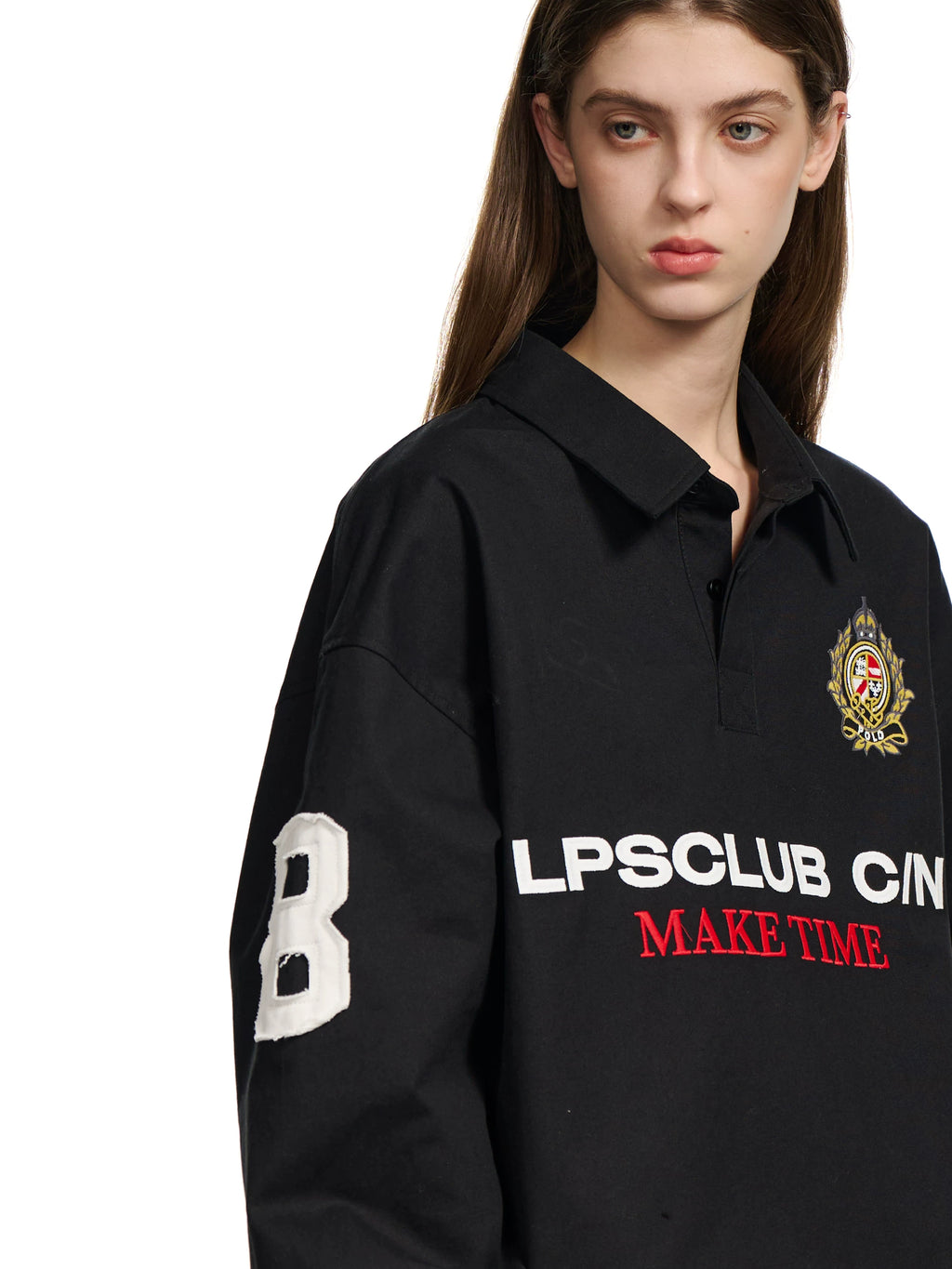 Loopsoon Alphabet Embroidered Lapel POLO Long Sleeve Shirt