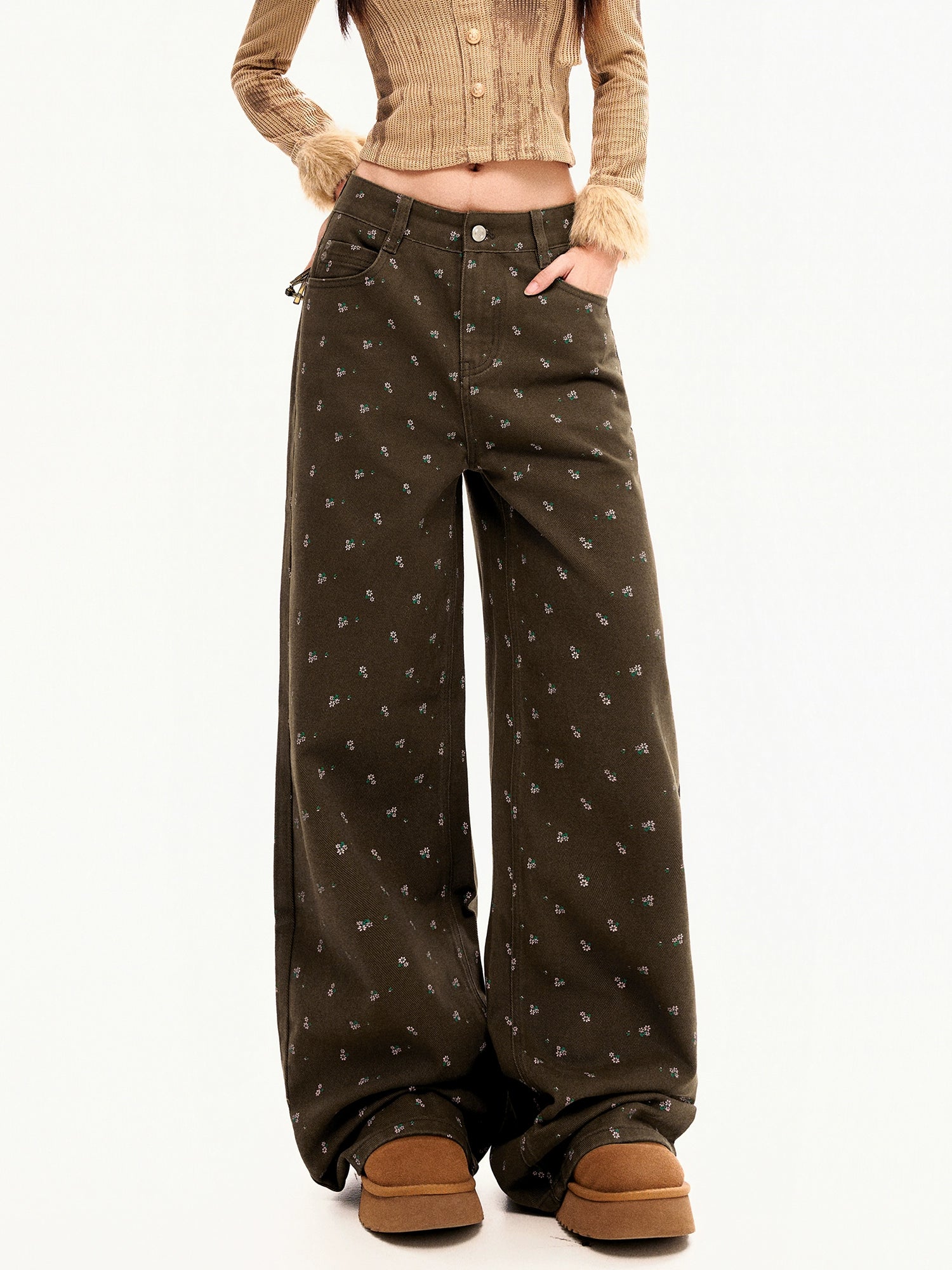 ZAVK Retro Floral Wide-leg Jeans