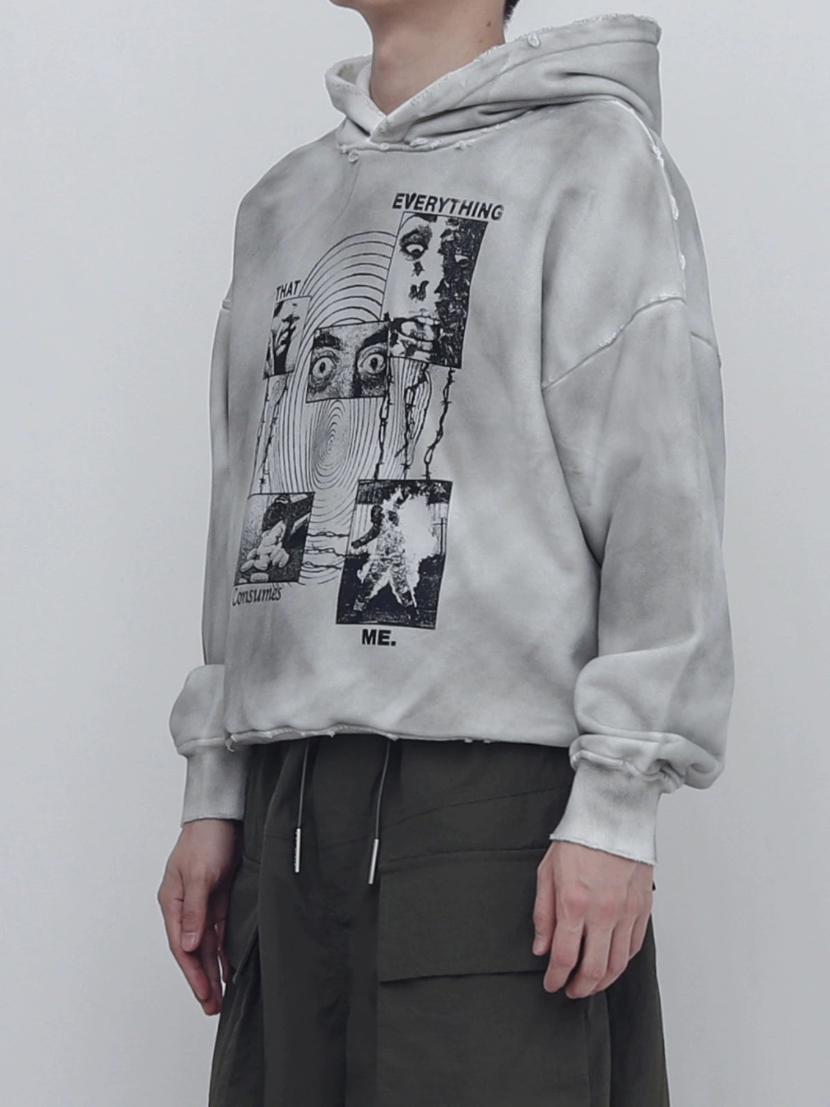 PERDU Dirty Dye Old Wash Water Damage Print Hooded Sweater