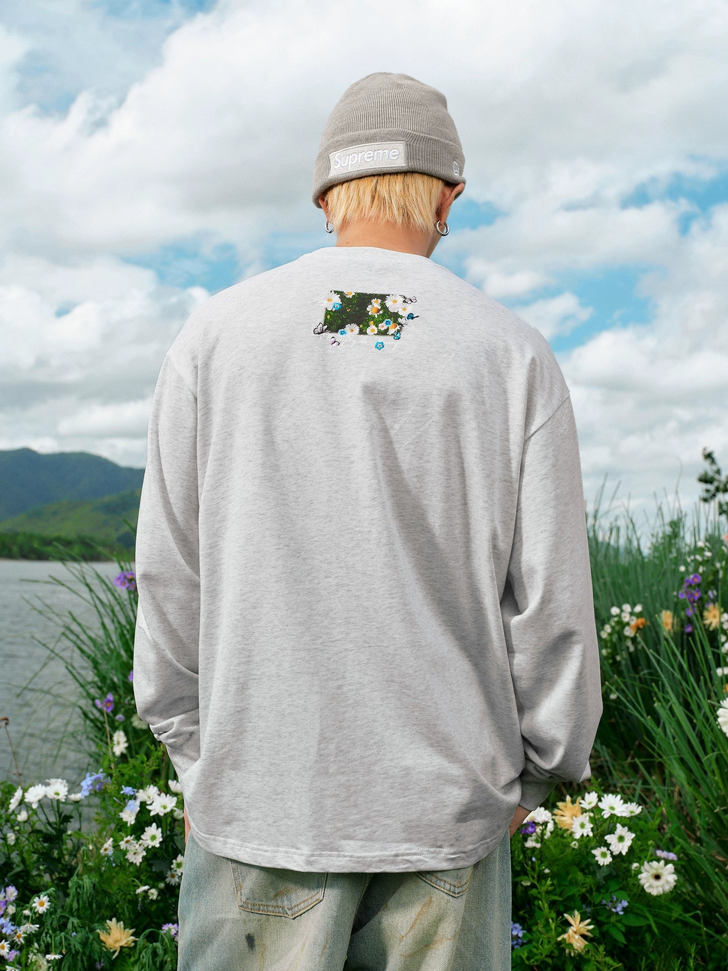MEDM Garden Daisy Butterfly Print Casual Crew Neck Long Sleeve