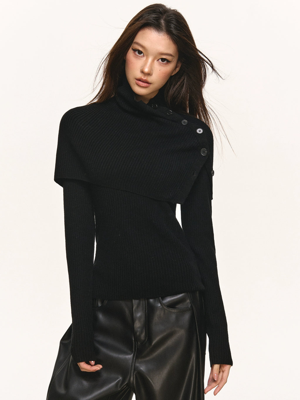 Anna Aneae Pullover High Neck Removable Shawl Bottom Long Sleeve