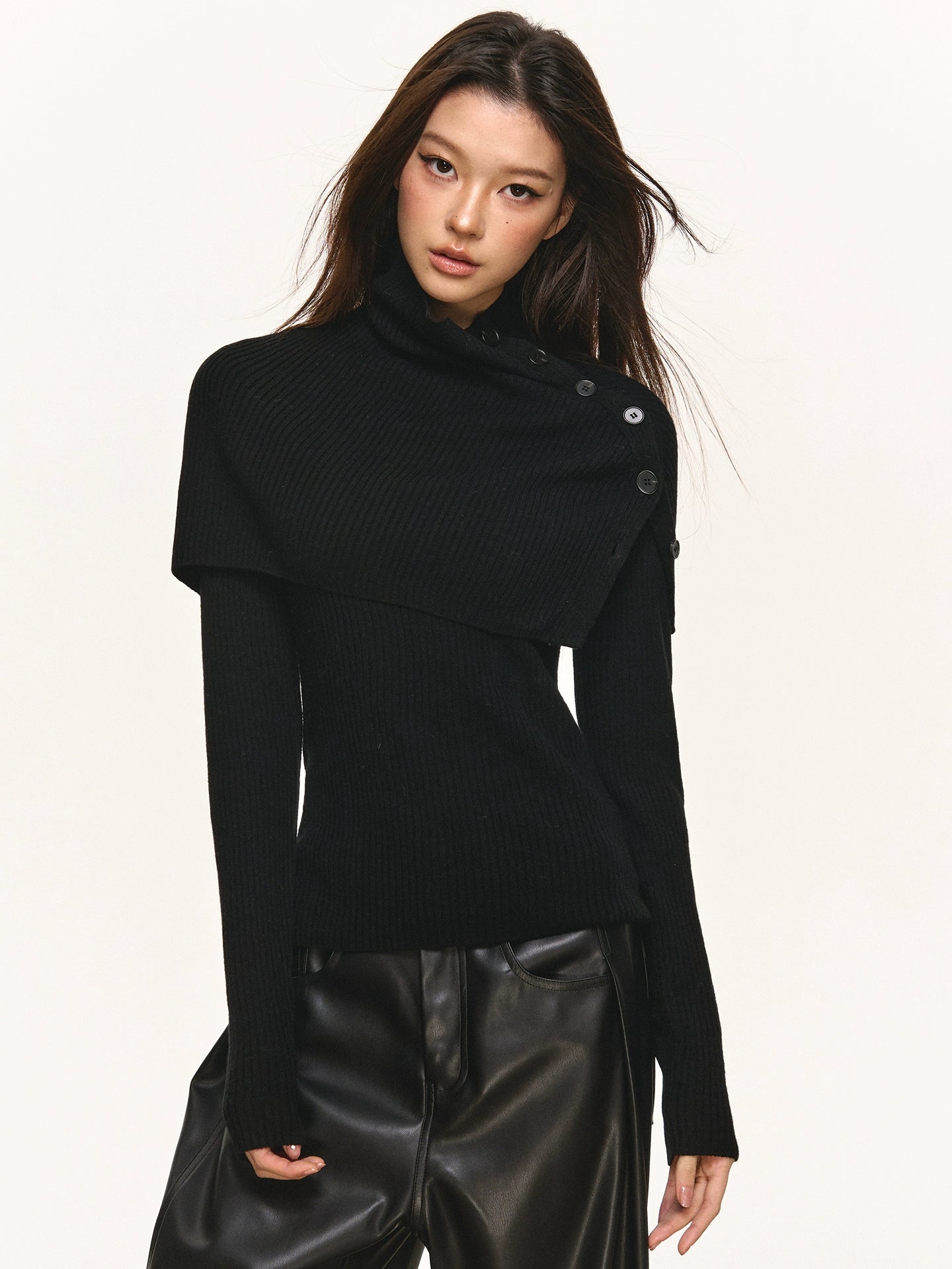 Anna Aneae Pullover High Neck Removable Shawl Bottom Long Sleeve