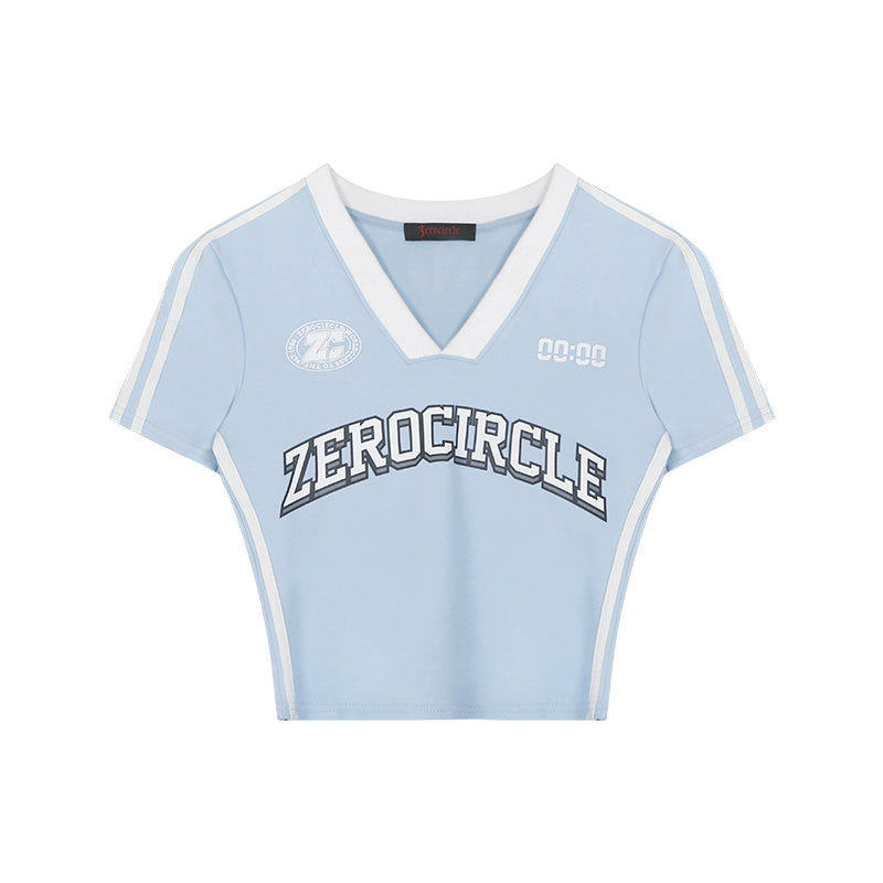 Zero Shoulder V-neck Printed Slim-fit Short Tee