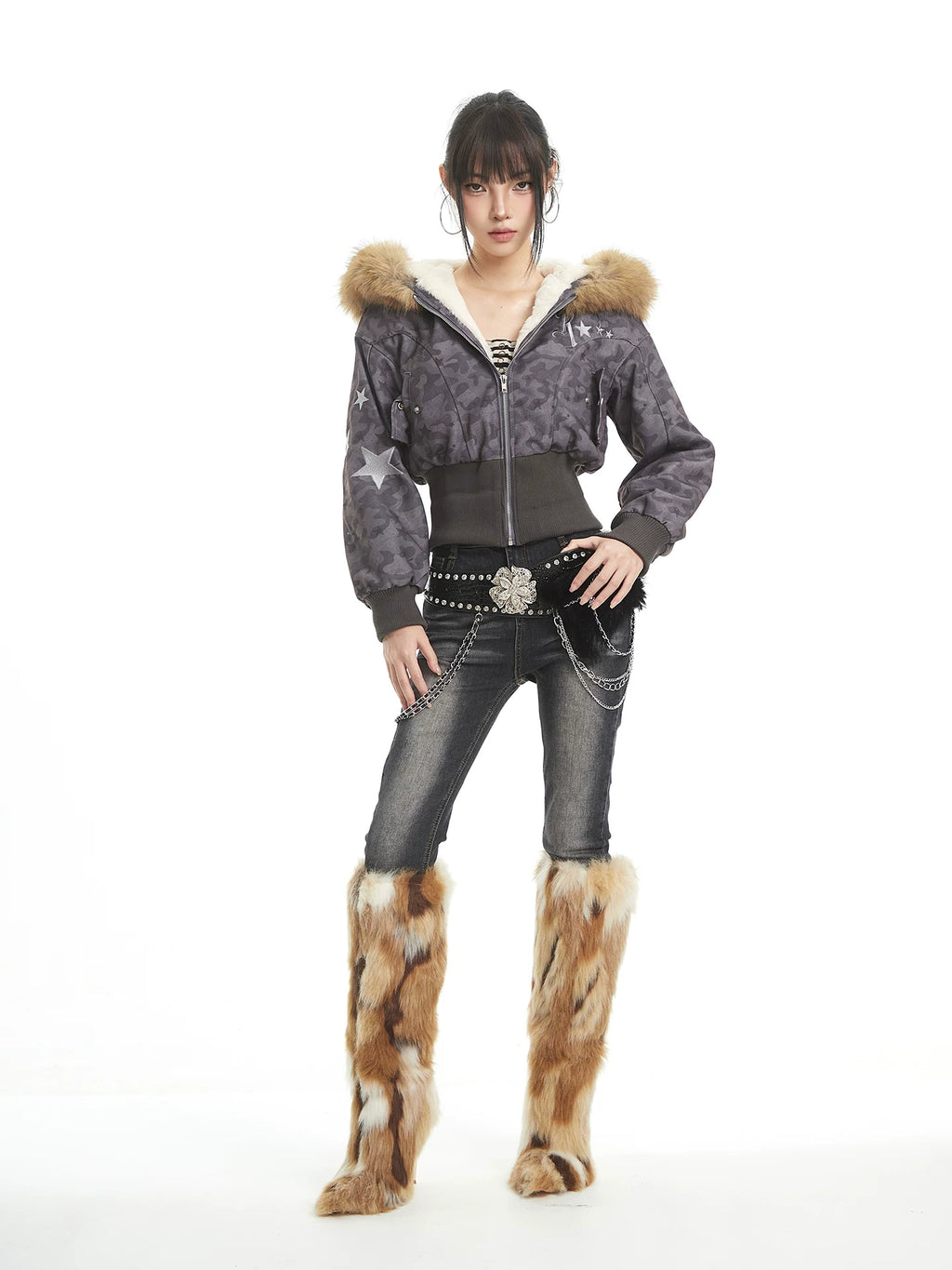 UNCMHISEX Vintage Camouflage Fleece Collar Fleece Waist Short Jacket