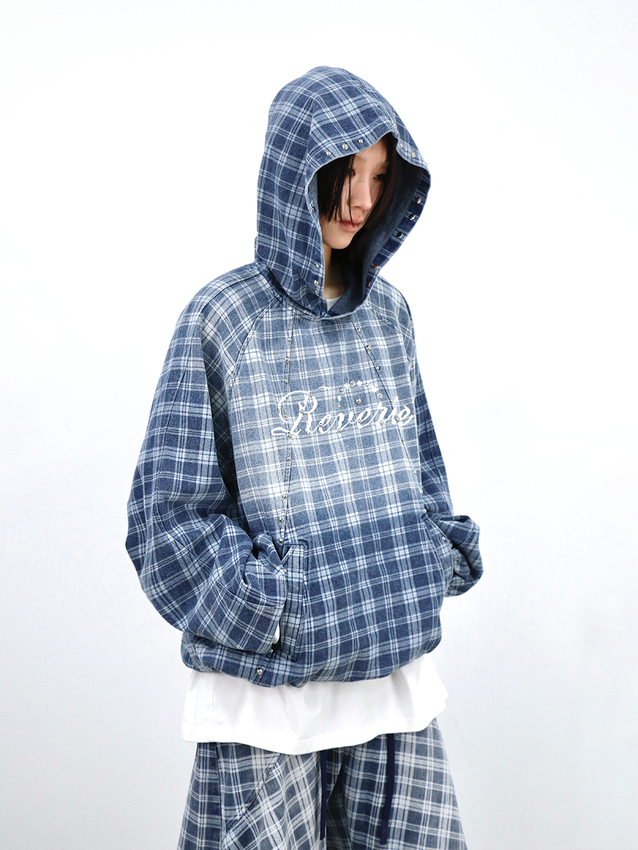 RELABEL Bump Studs Gradual Change Plaid Hooded Denim Sweater