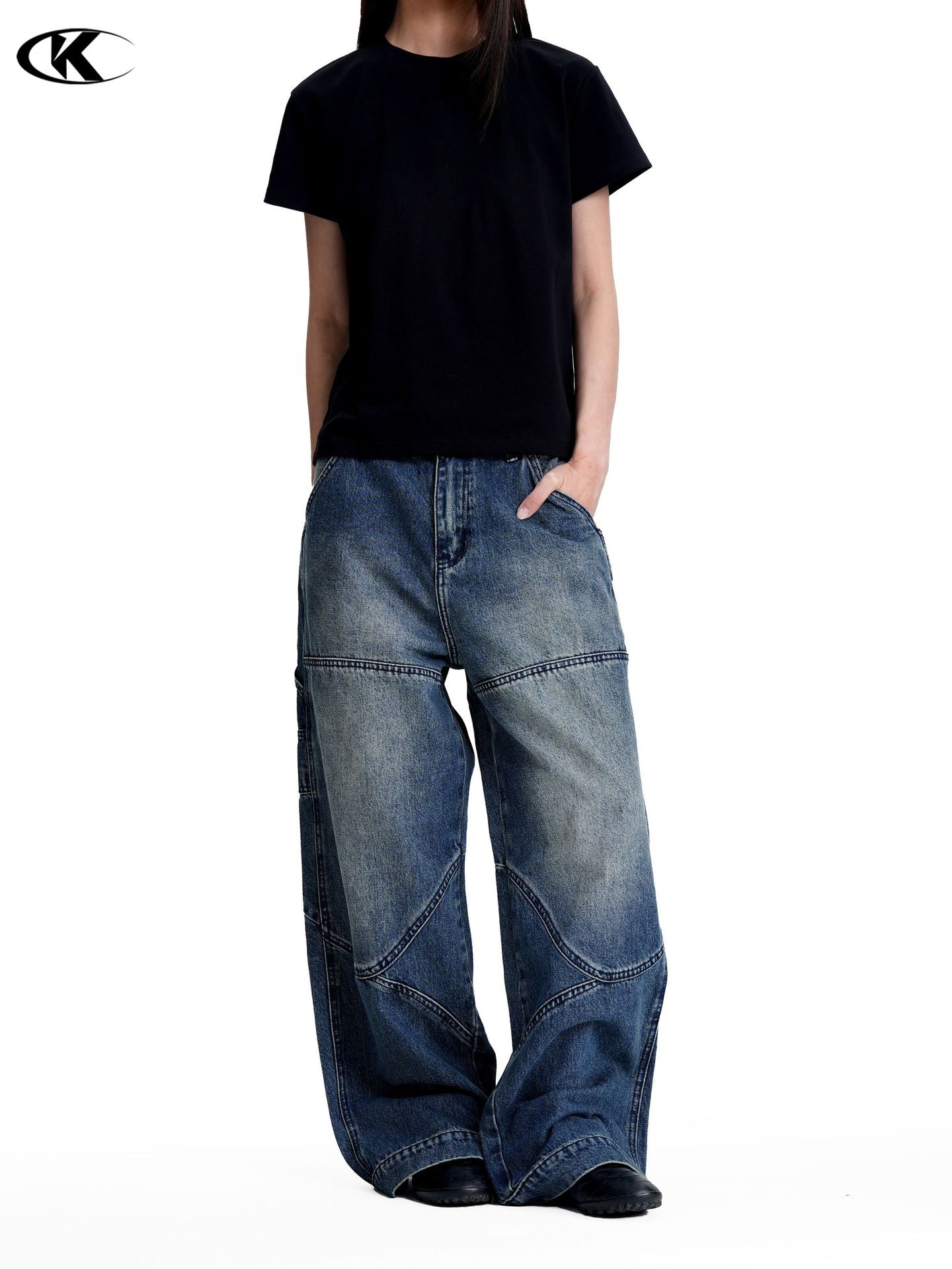 11KN Retro Loose Deconstruction Splicing Straight Jeans