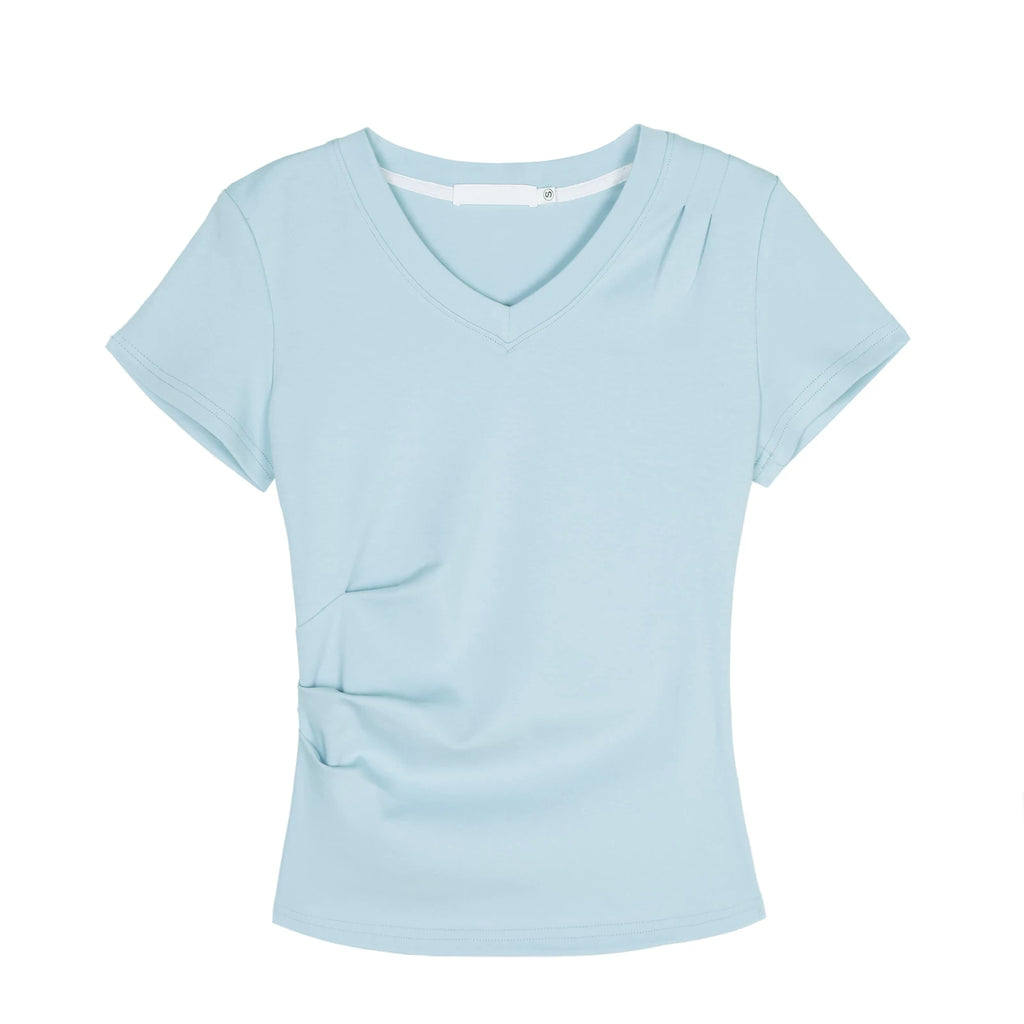 XUJING Pleated Front Shoulder Slim and Thin Tee