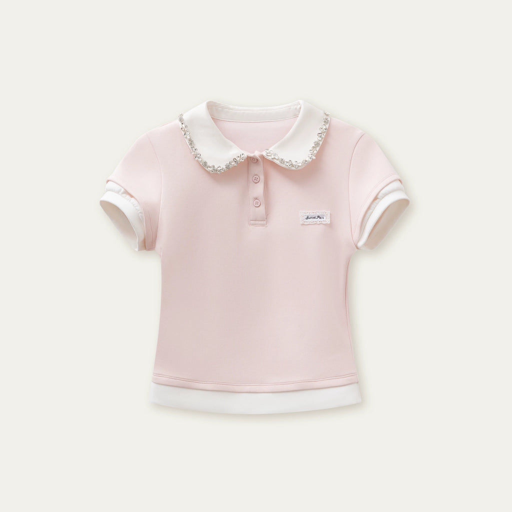 SunsetPark Splicing Fake Two-piece Polo Rhinestone Collar Tee