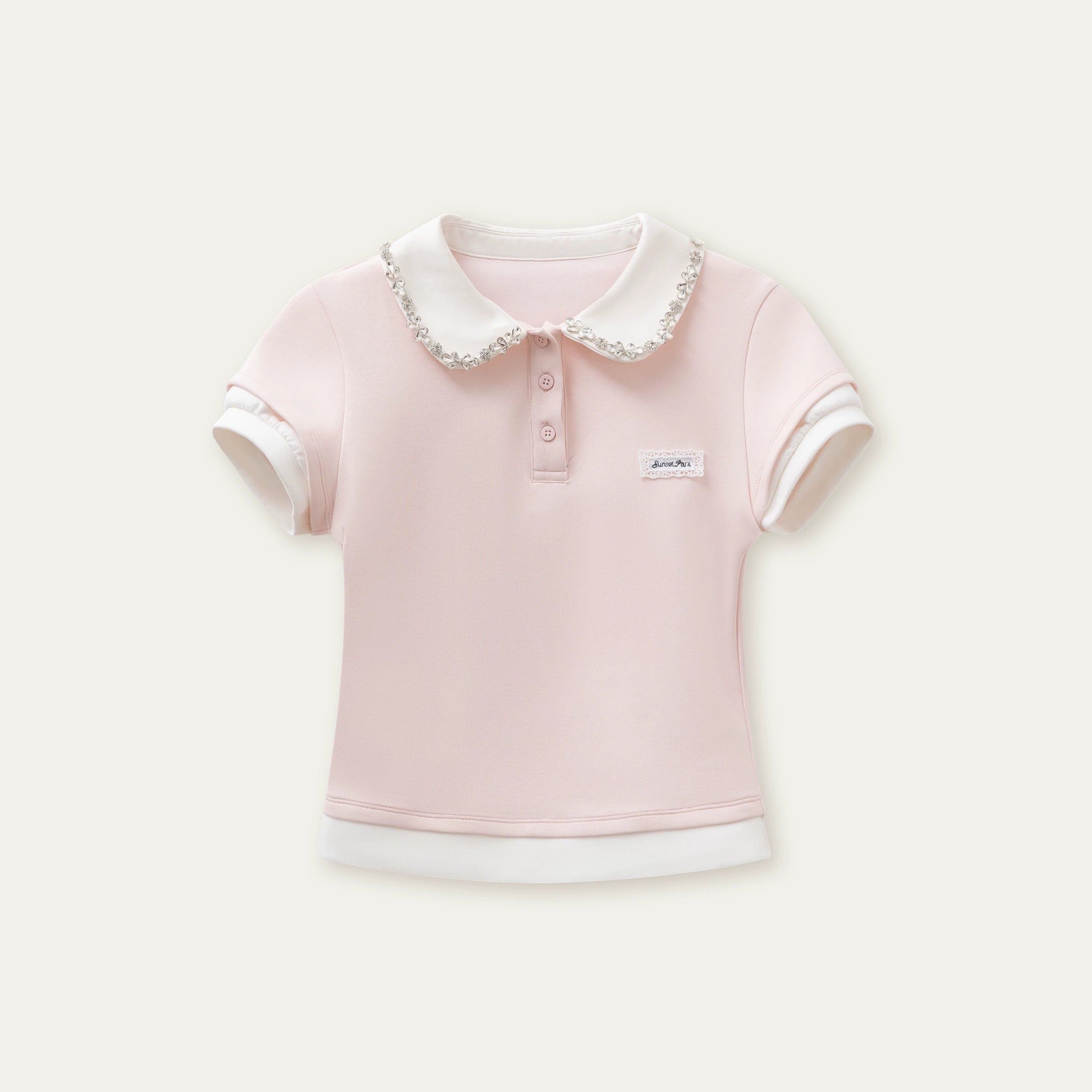 SunsetPark Splicing Fake Two-piece Polo Rhinestone Collar Tee