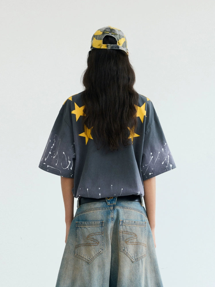 PEOPLESENSE Retro Spray Horse Willow Splashing Ink Printing Gradual Change Washed Tee