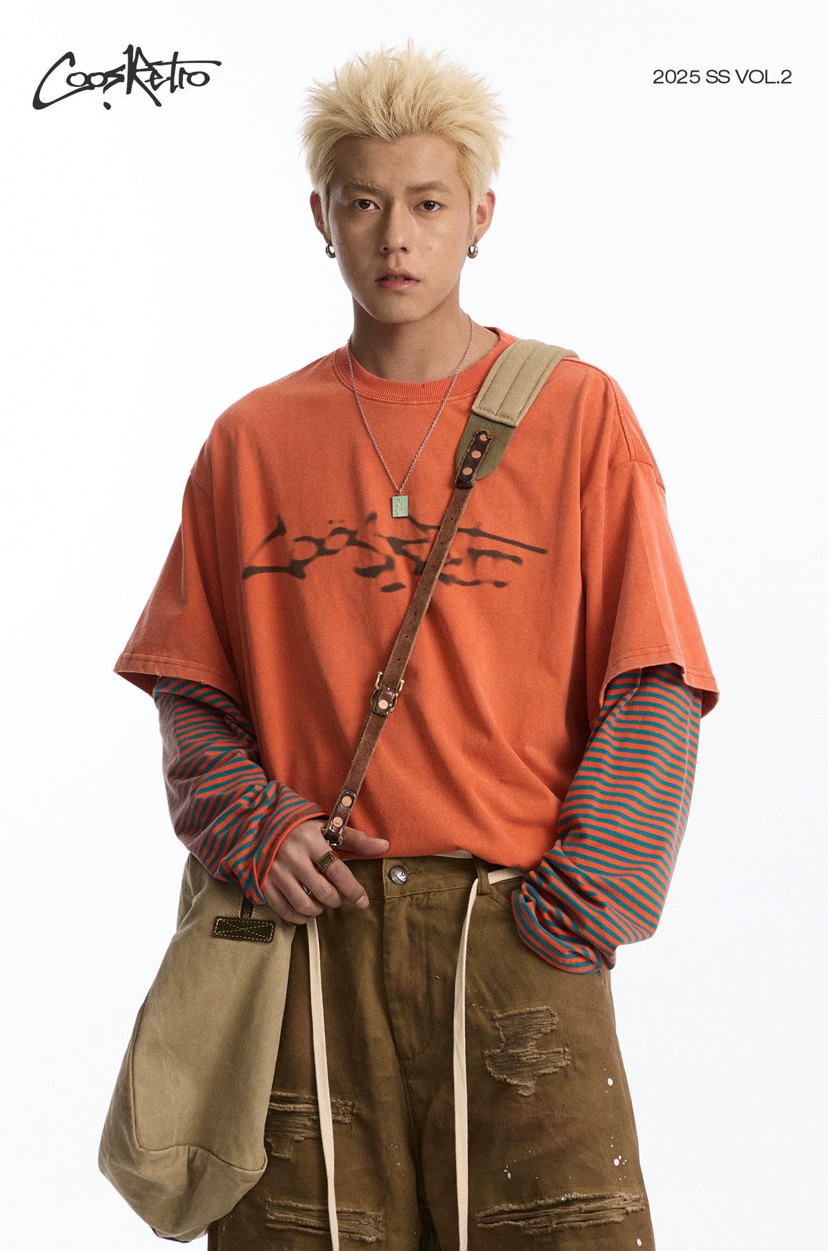 CoosRetro Phantom Print Washed Fake Two-piece Long Sleeve T