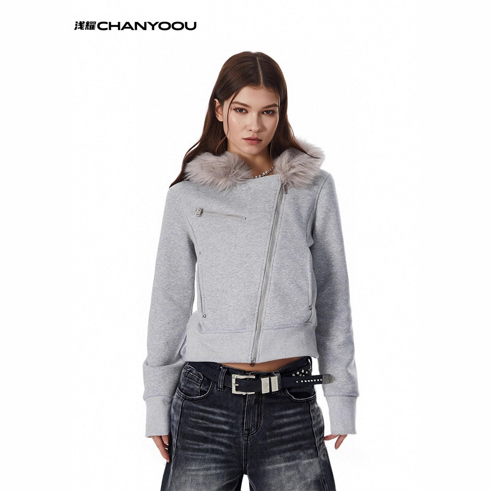 CHANYOOU Retro Diagonal Zipper Short Fur Collar Hooded Sweater