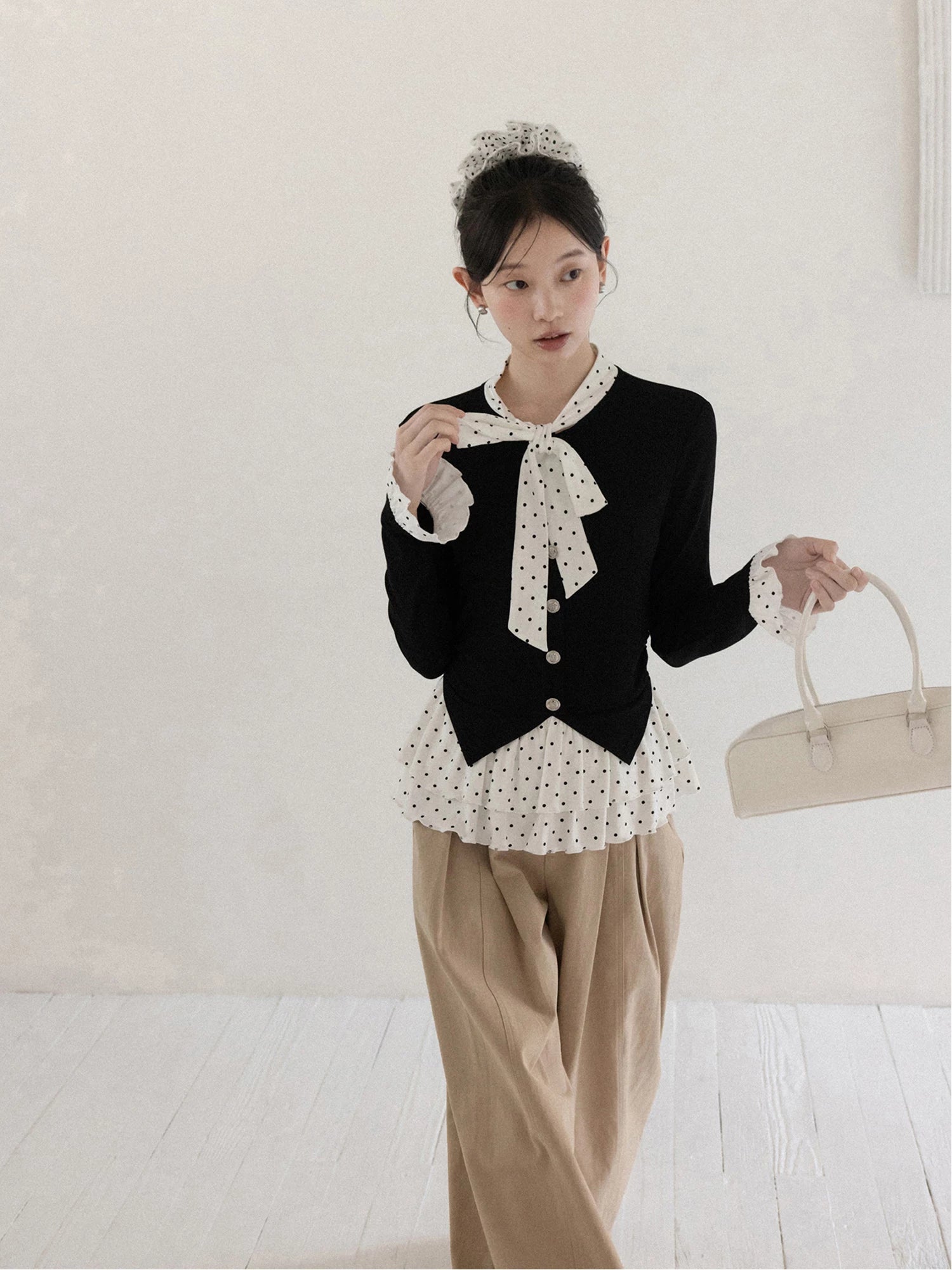 Cantonstory Polka Dot Fake Two Long Sleeves