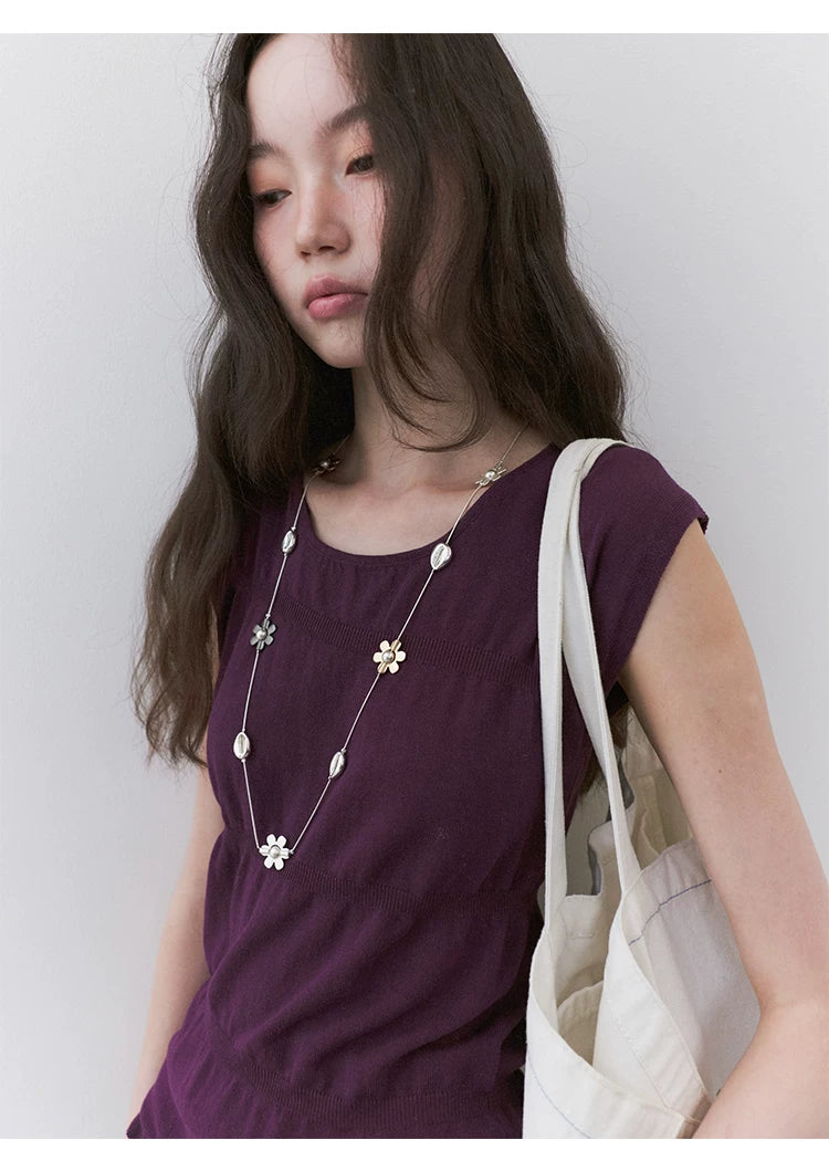 VOOE Round Neck Broken Pleated Knitted Slim and Thin Tee
