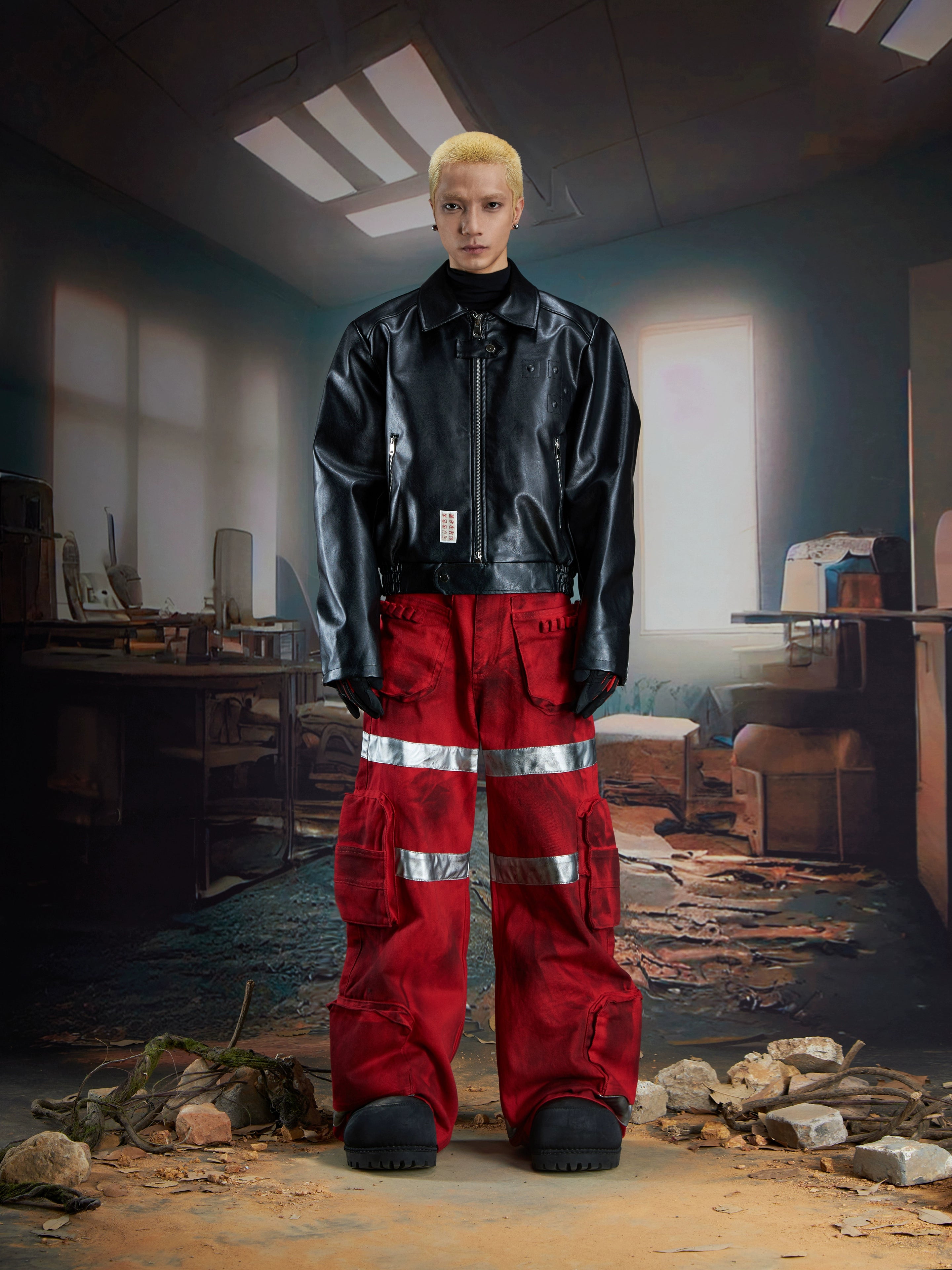 NOMANIAI Graffiti Spray-painted Lapel Loose Short Leather Jacket