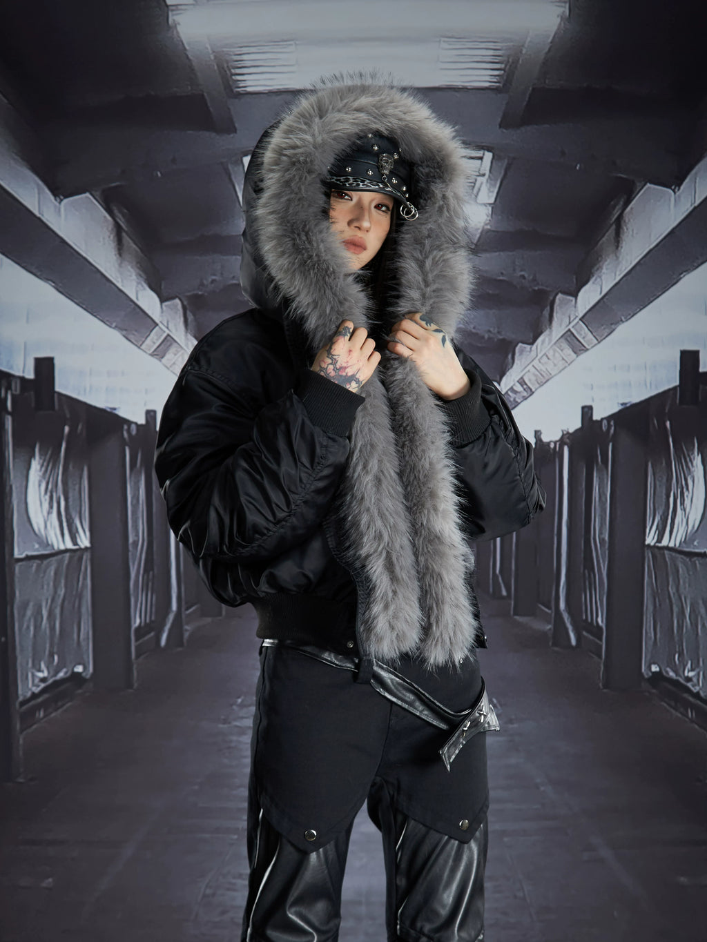 NOMANIAI Removable Fur Collar Nailed Hooded Embroidered Fleece Cotton Jacket