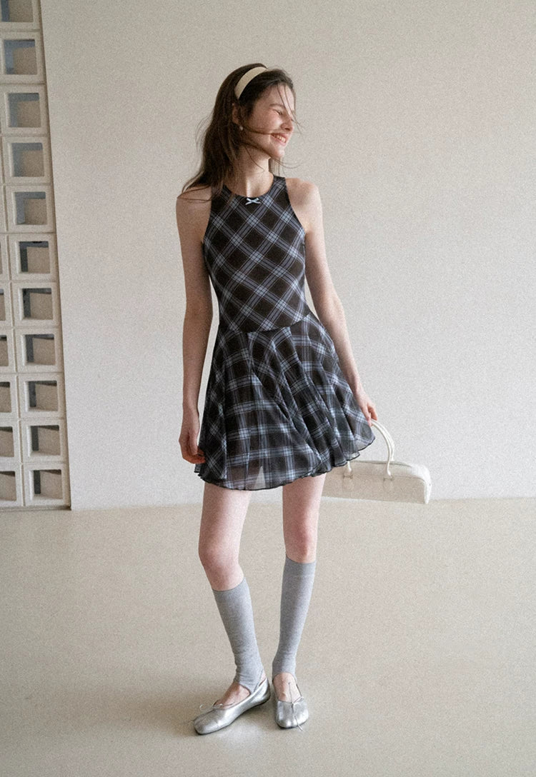 EGGKA Plaid Bow Vest Dress