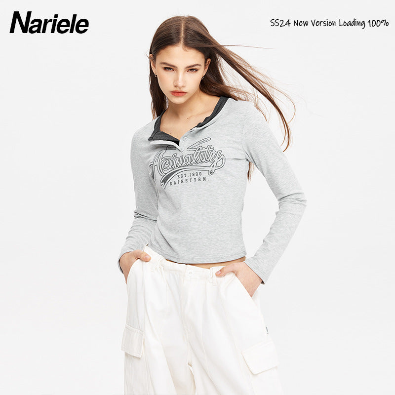 Nariele Fake Two-Letter Design Slim-Fit Long-Sleeve T-Shirt Top
