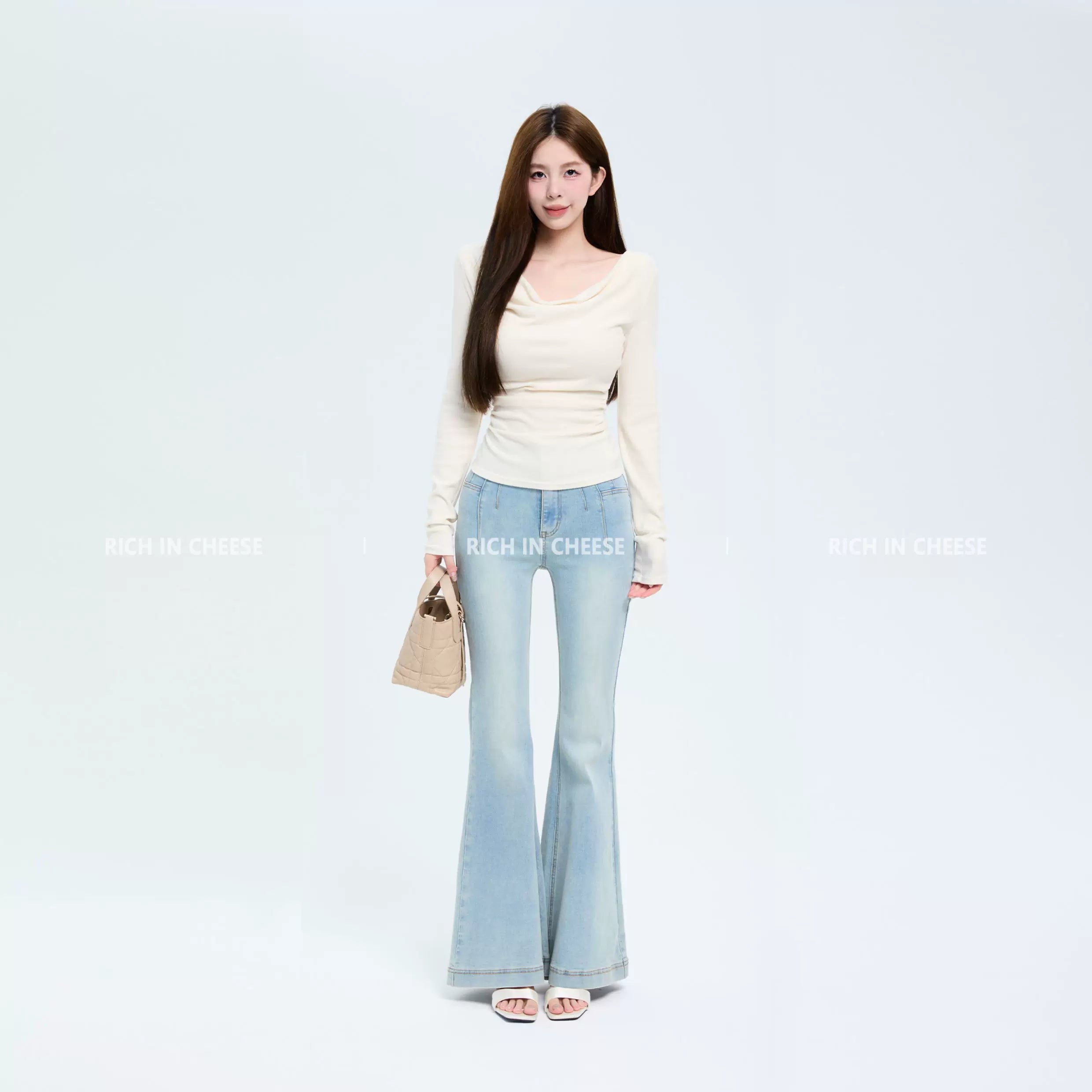 RICH IN CHEESE Swing Neck Knitted Waist Pleated Long Sleeves