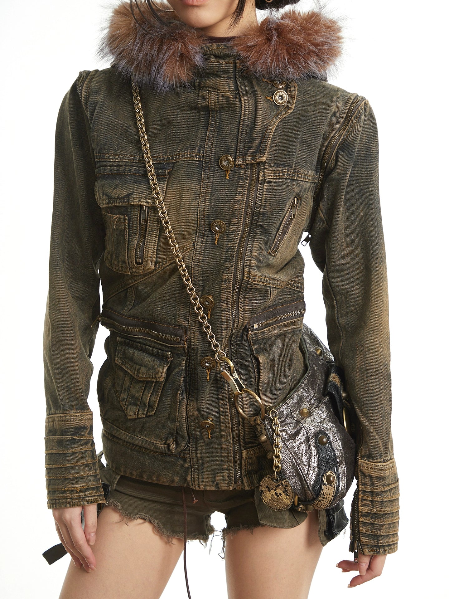 UNCMHISEX Vintage Fur Collar Tooling Denim Jacket