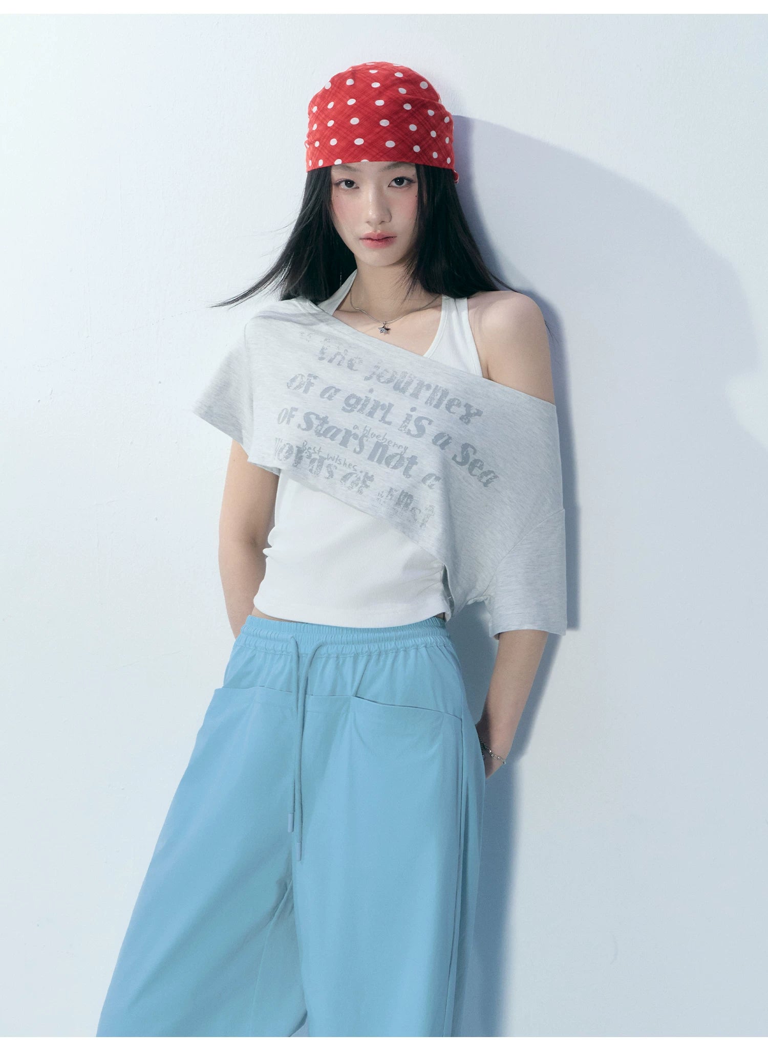 Ablueberry Slanted Shoulder Casual Versatile Tee