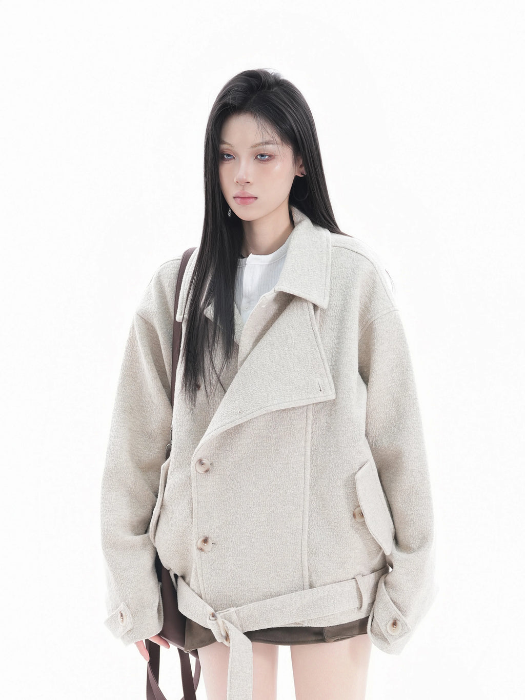 Zuocisankon Mitre-breasted Waist Strap Woolen Jacket