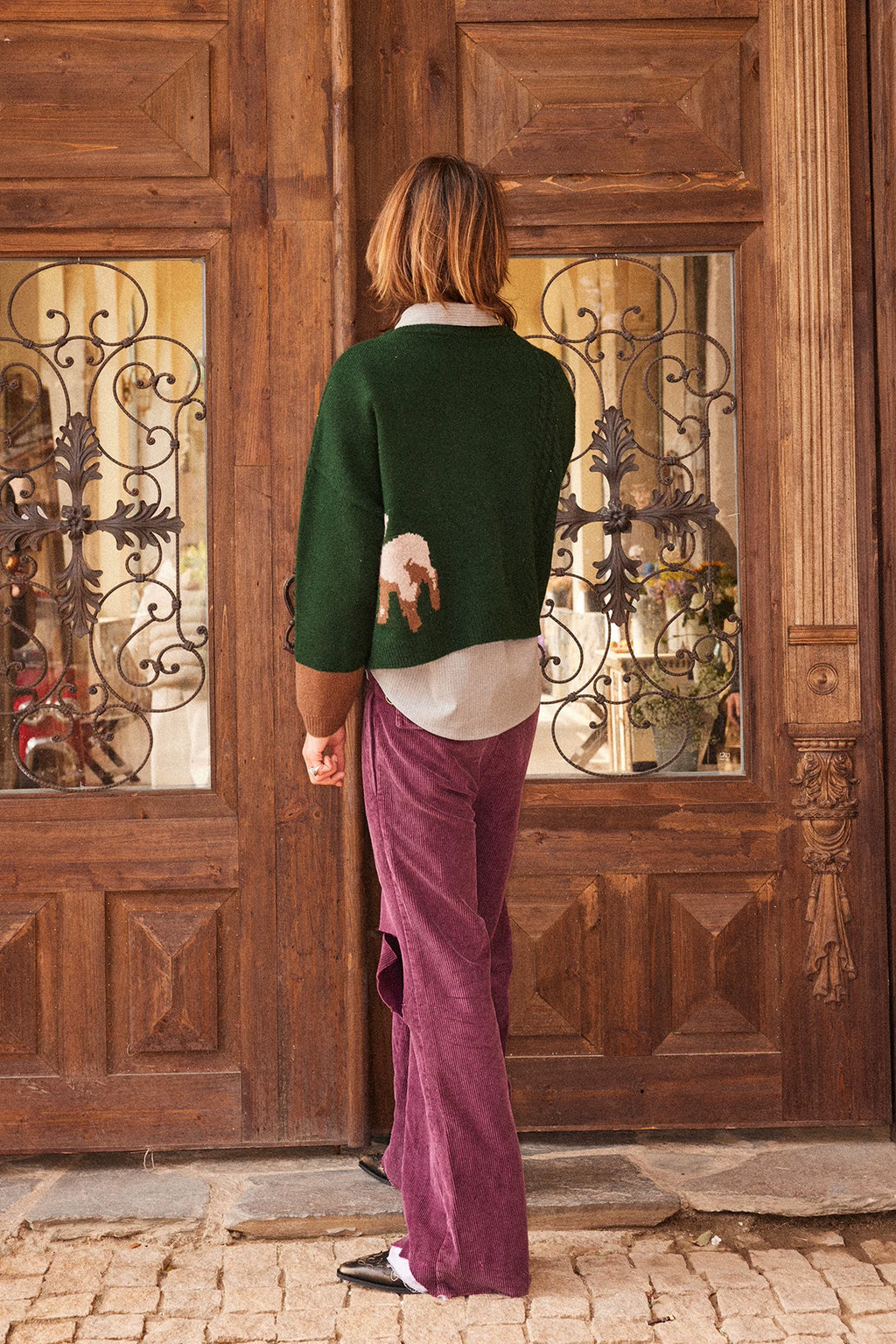 RICHILL Forest Green One-Piece Sheep Print Crew Neck Sweater