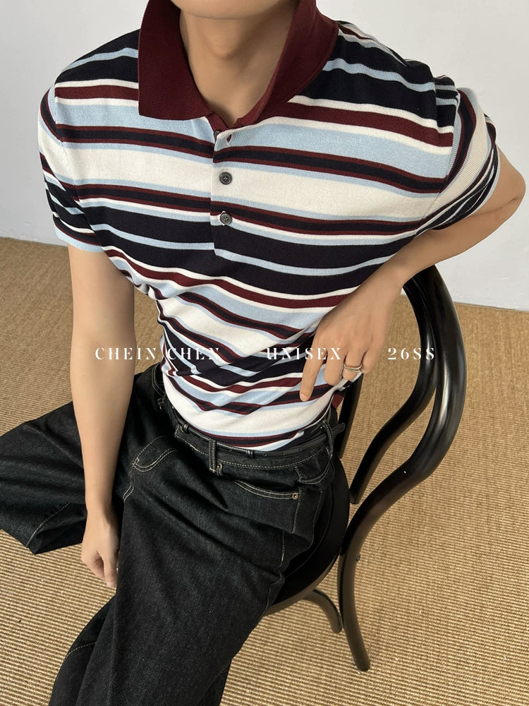 Chein Contrasting Striped Knitted Polo Shirt