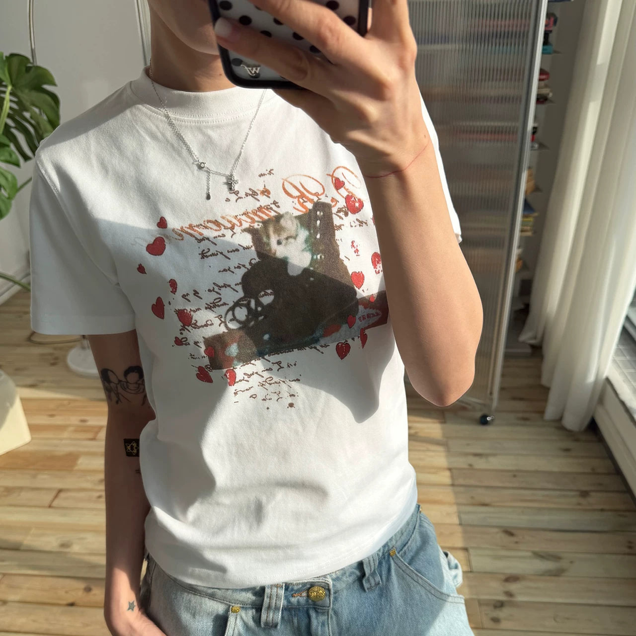 MMBBT Cartoon Kitten Print Front Shoulder Tee