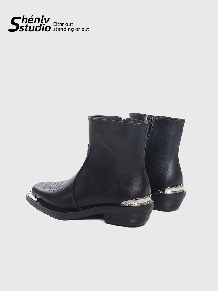 SHENLV STUDIO Square Head High-heeled Embroidered High-top Leather Shoes