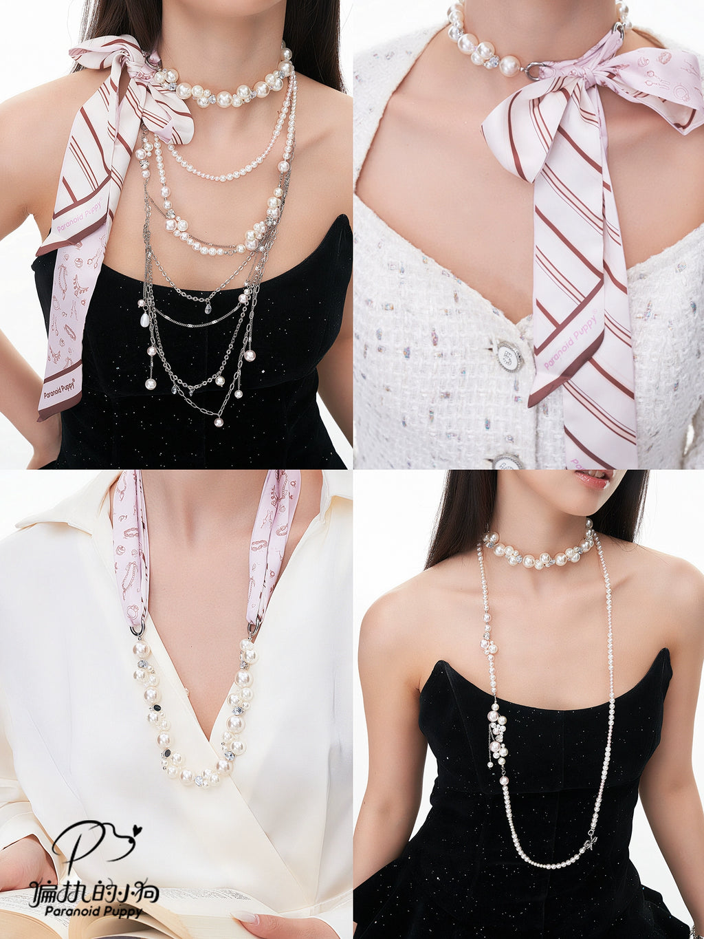 ParanoidP Temperament Light Luxury Bow Silk Scarf Pearl Necklace