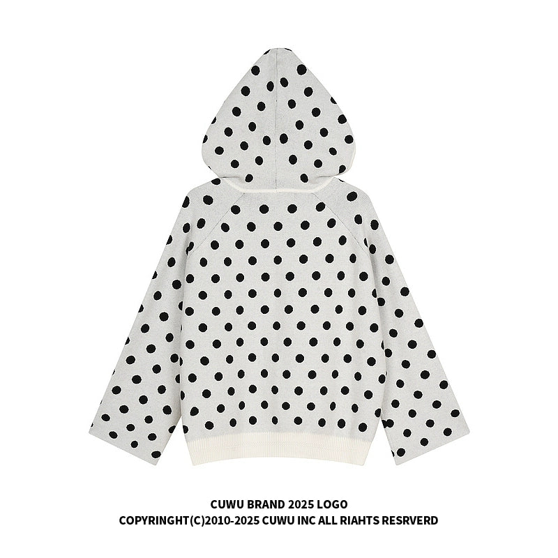 Mershier Vintage Polka Dot V-Neck Hooded Knitted Sweater