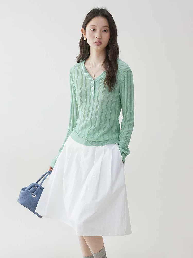 VOOE V Collar Hollow Knitted Versatile Long Sleeves