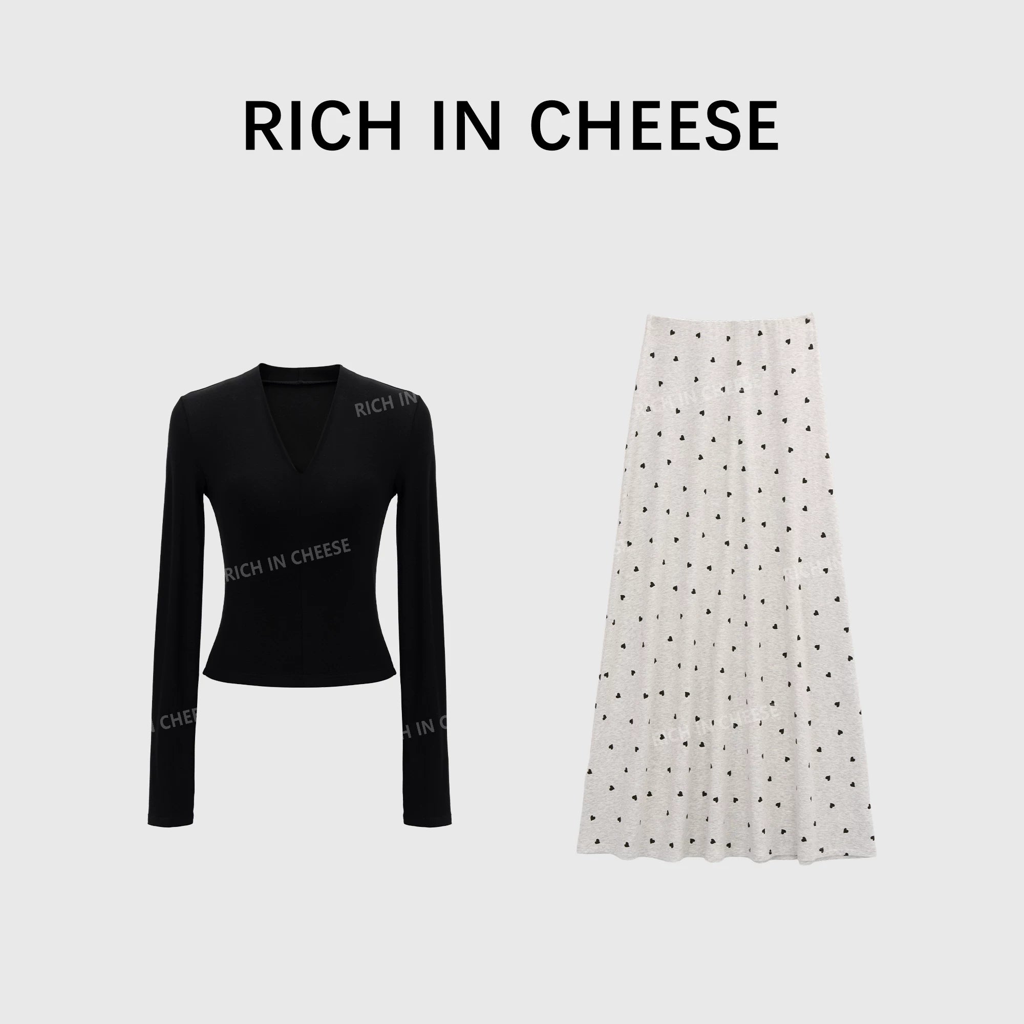 RICH IN CHEESE V-neck Stretch-knit Long-sleeved Skirt Set