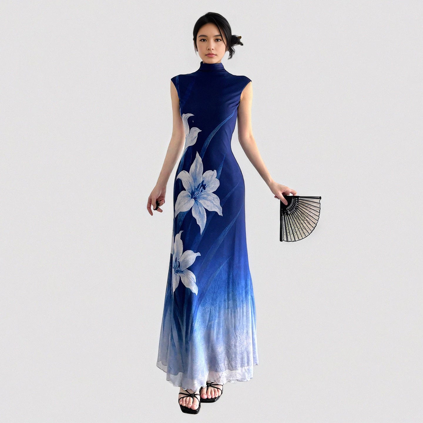 FUNOFF Retro Flower Gradual Change Waist Mesh Dress