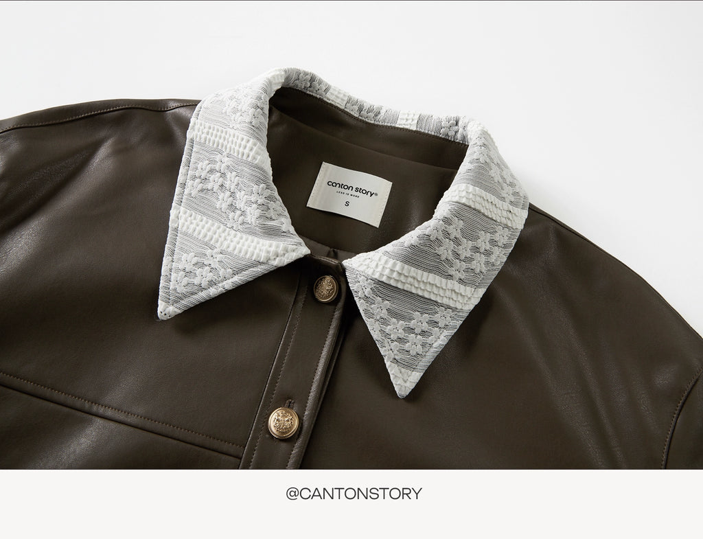 Cantonstory Vintage Lace Lapel Leather Jacket
