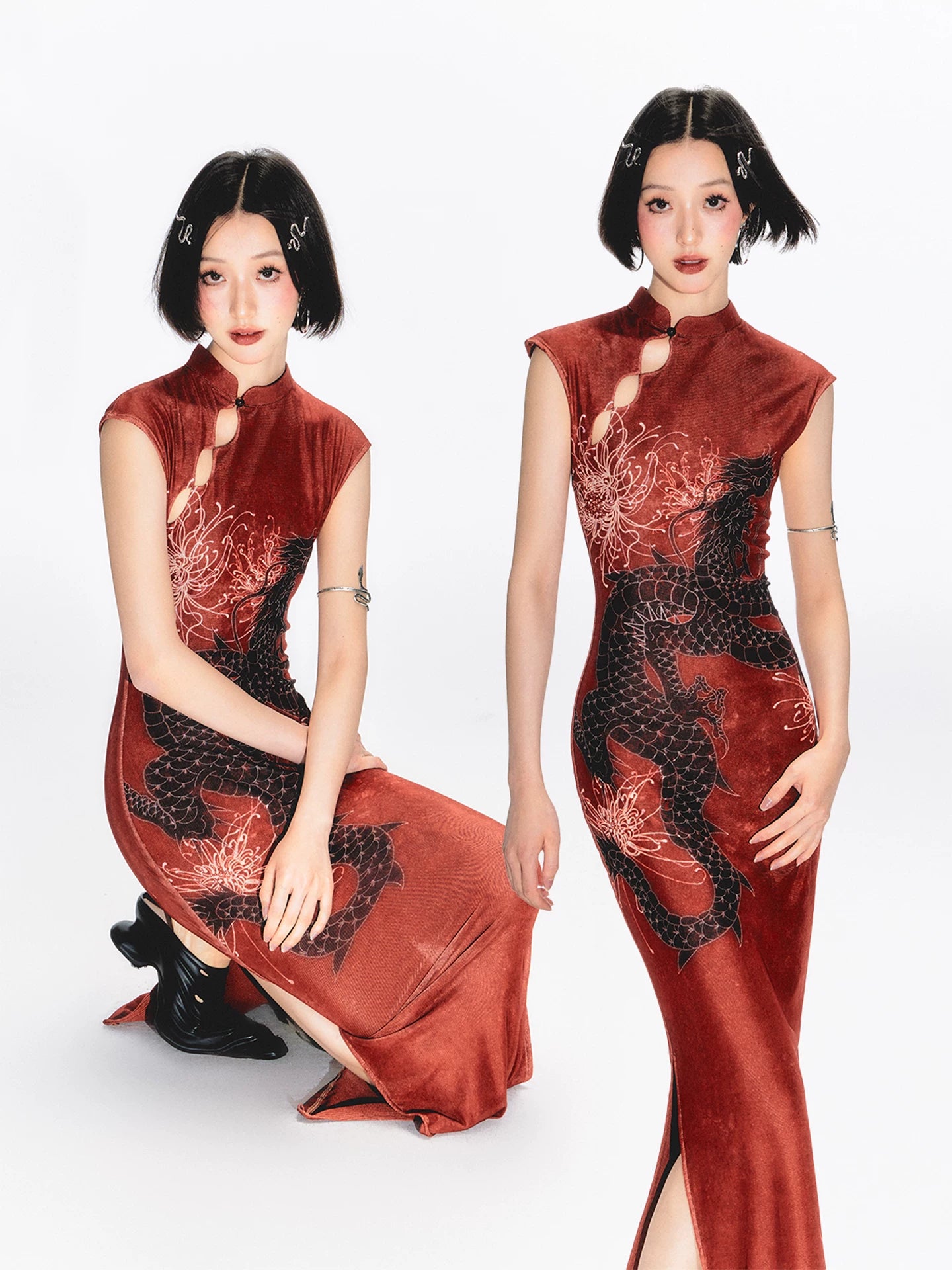 YEDM Dragon Print Cheongsam Stand-up Collar Sleeveless Dress