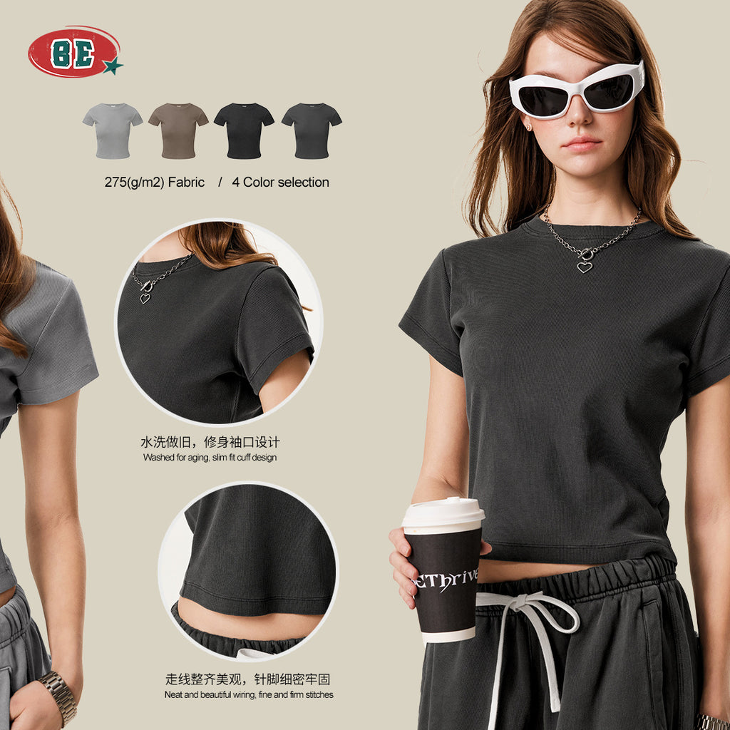 BE WOMEN'S Slim Fit Round Neck Bottoming Right Shoulder Tee